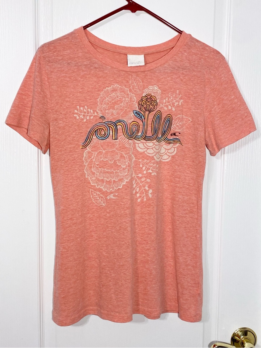 Y2K O’Neill USA Made Floral Graphic Surf Skate Baby Tee Coral Size Large